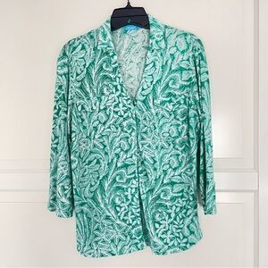 J. McLaughlin Tropical Linen Button 3/4 Sleeve Top Green Size L 26551